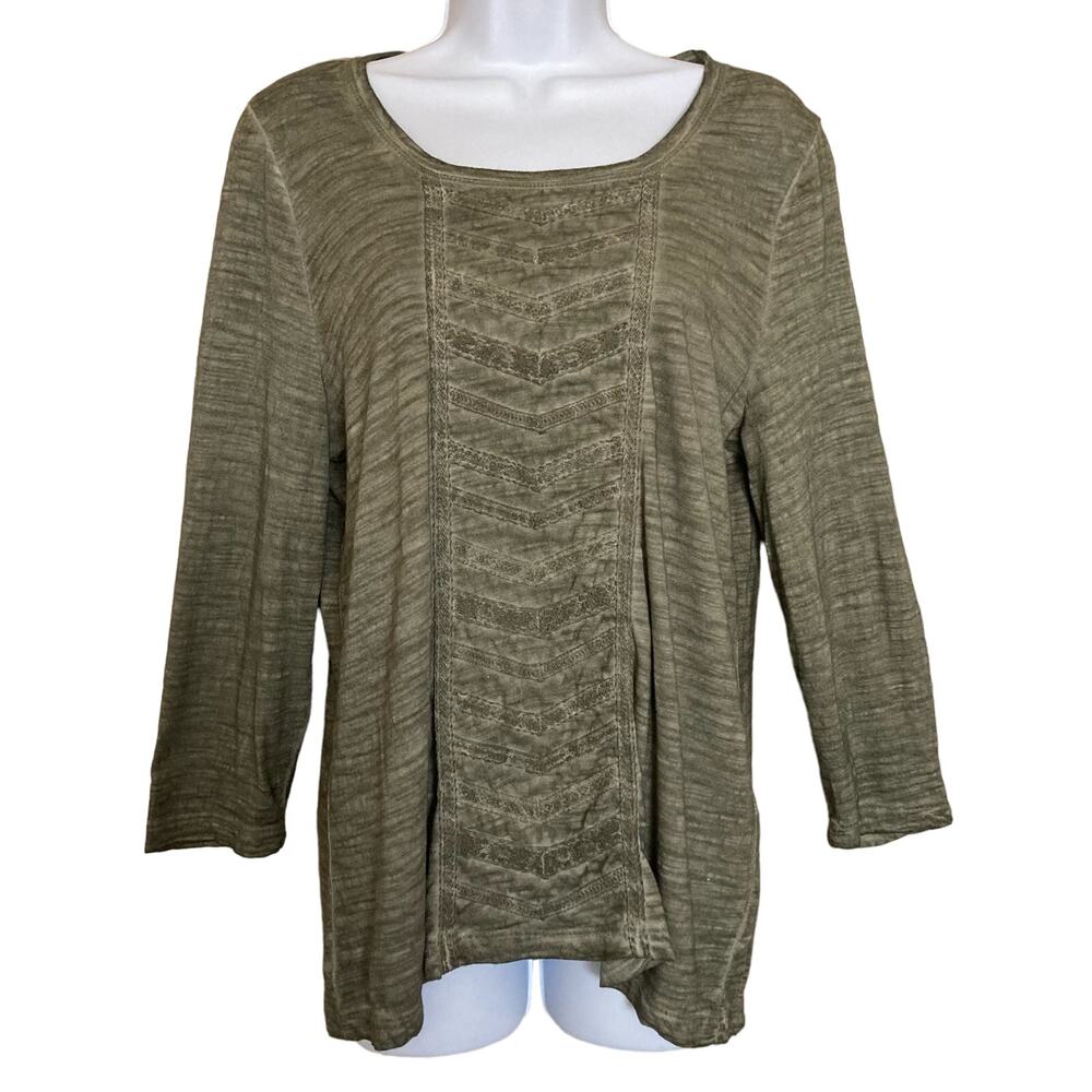 Chico's Women's Melody Embroidered Lace Olive Green Top Quarter Sleeve Size 1 M